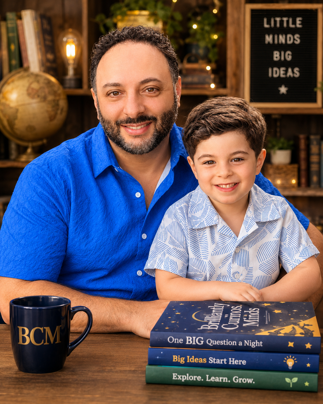Father and son seated together with Brilliantly Curious Minds books