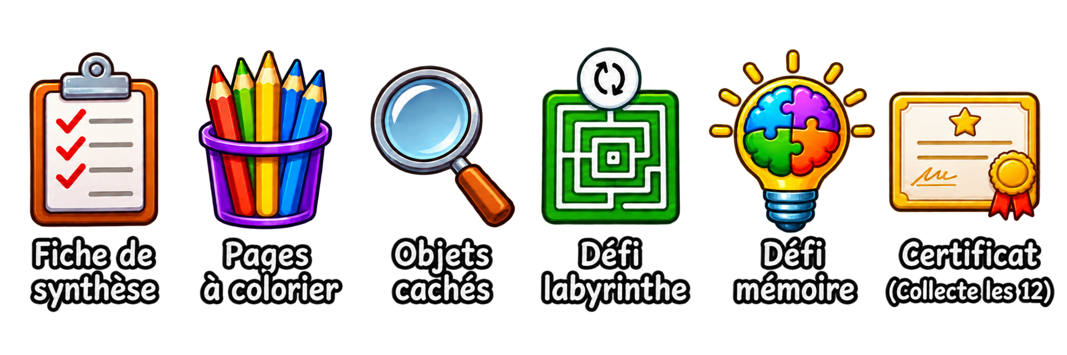 Six fiches d’activités à imprimer comprises dans chaque trousse d’activités