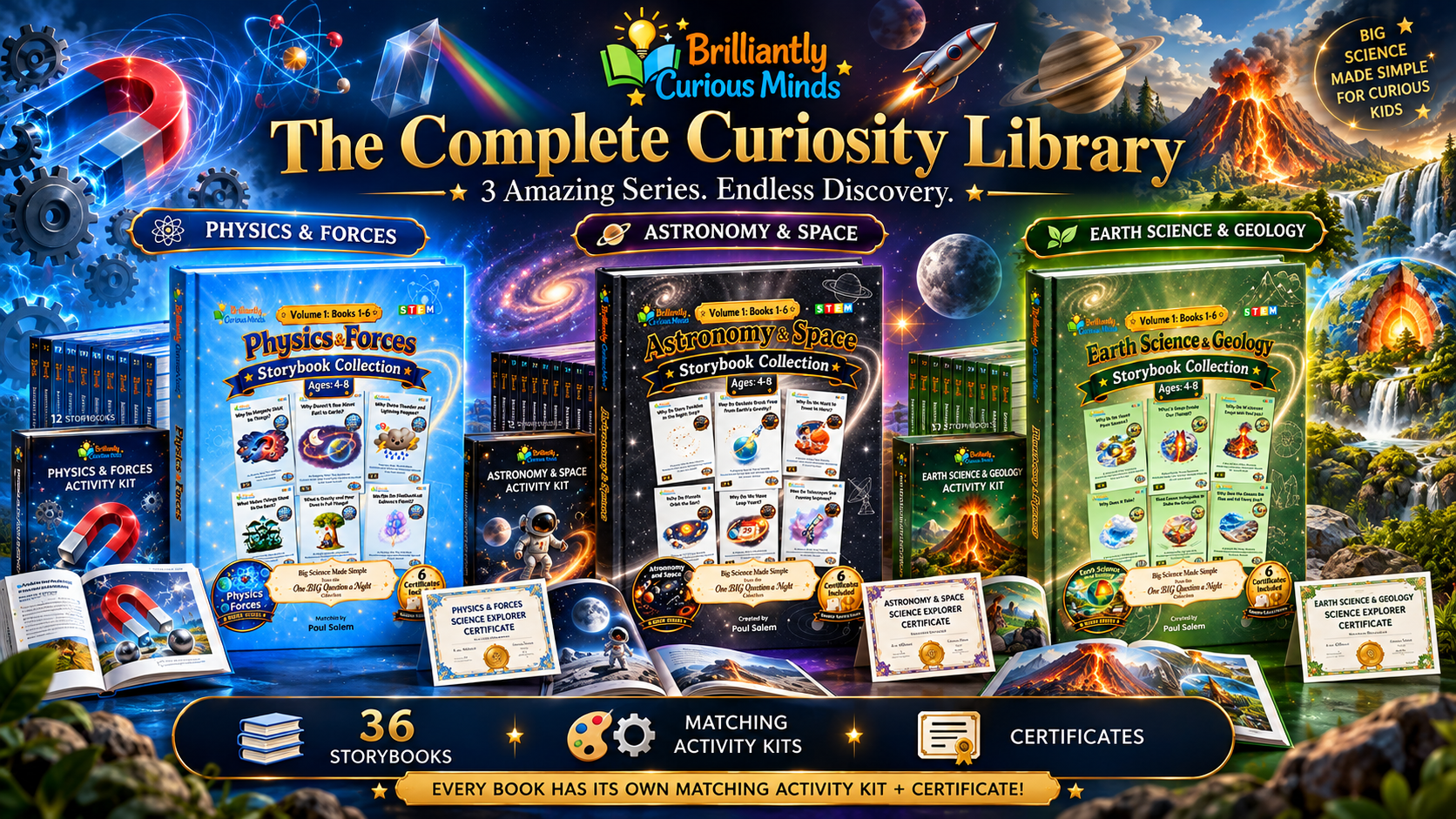Brilliantly Curious Minds complete curiosity library: Physics and Forces, Astronomy and Space, Earth Science and Geology; 36 storybooks, matching activity kits and certificates.