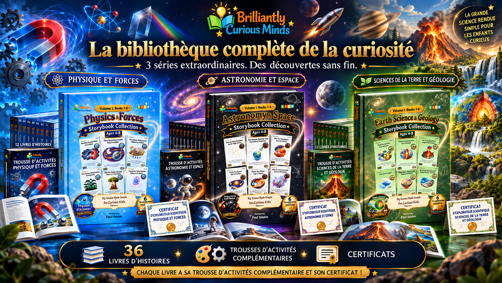 La bibliothèque complète de la curiosité Brilliantly Curious Minds : physique et forces, astronomie et espace, sciences de la Terre et géologie; 36 livres d’histoires, trousses d’activités correspondantes et certificats.